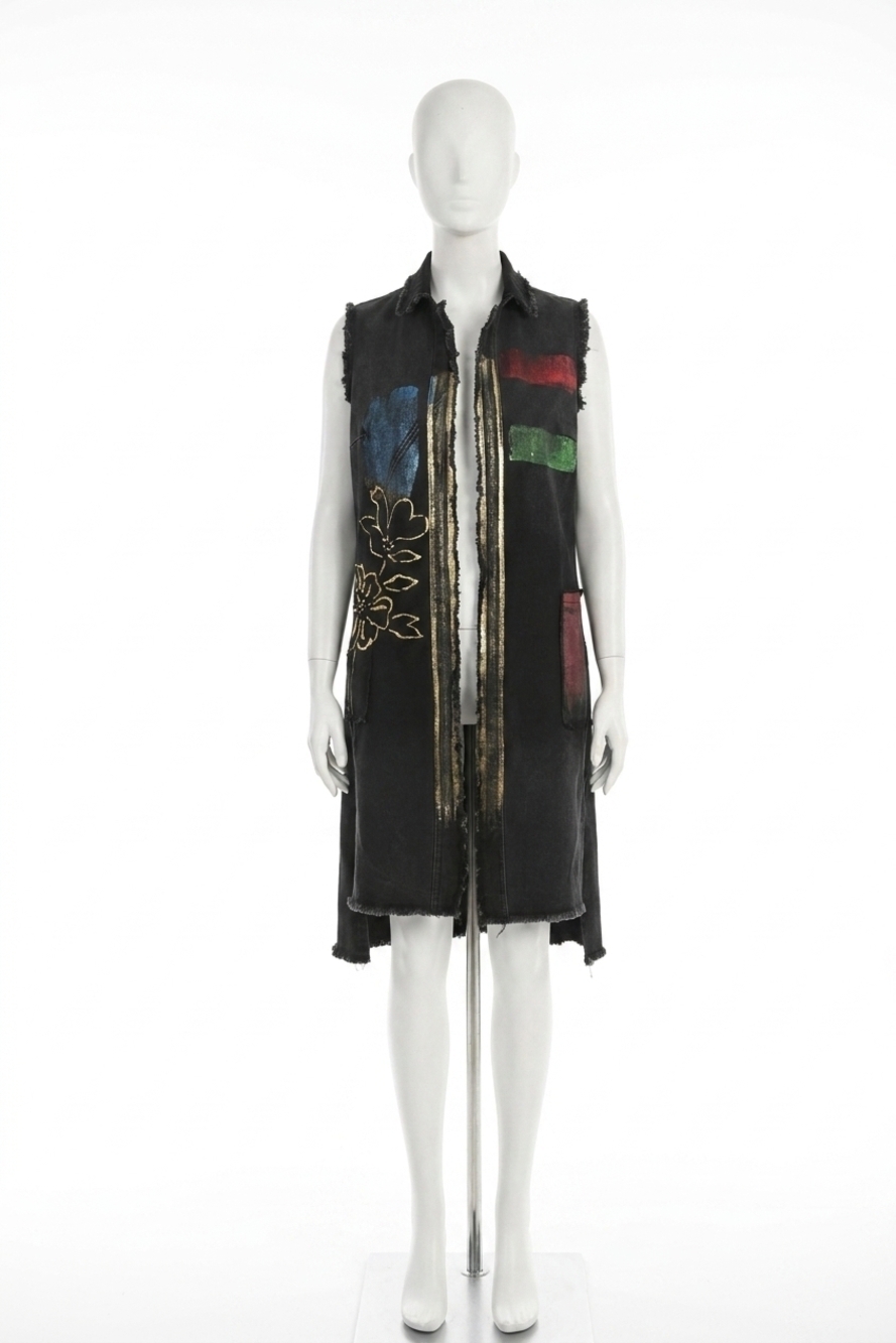 NEW FRANK LYMAN bellara woven long vest in black/multi